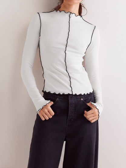 Lettuce Edge Mock Neck Contrast Stitch Long Sleeve Top