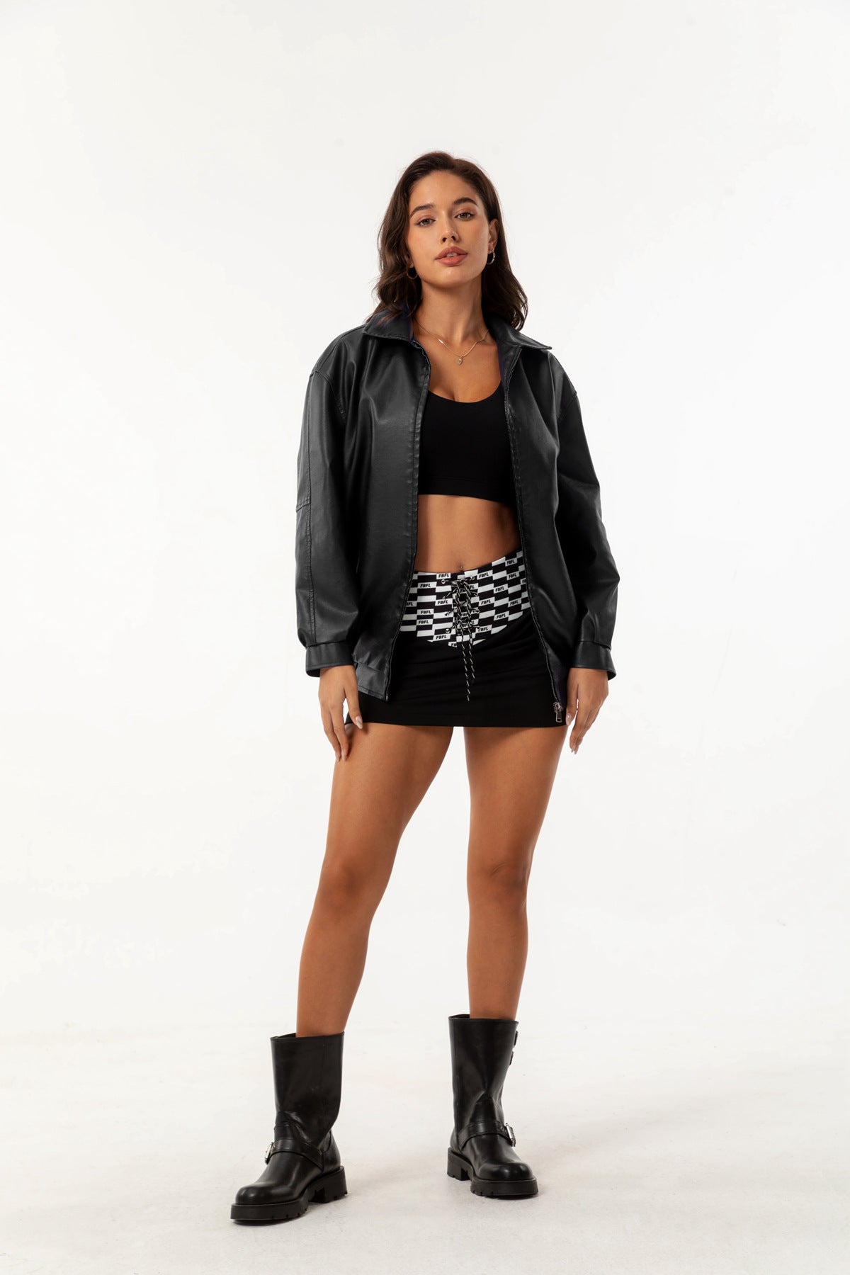 Womens Oversized Faux Leather Jacket Zip Up Casual