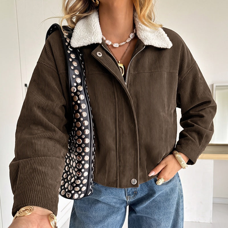 Women's Sherpa Collar Corduroy Color Block Jacket