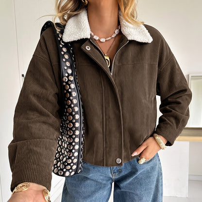 Women's Sherpa Collar Corduroy Color Block Jacket