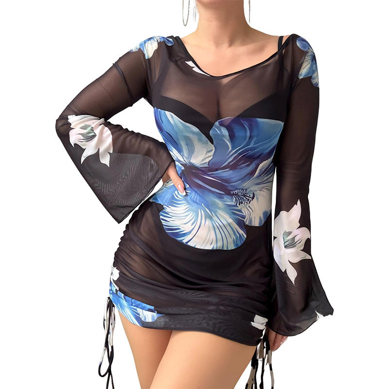 Sexy Sheer Mesh Floral Mini Dress Bell Sleeve