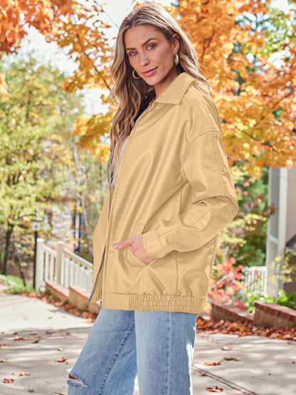 Women's Oversized Faux Leather Moto Jacket Zip Up