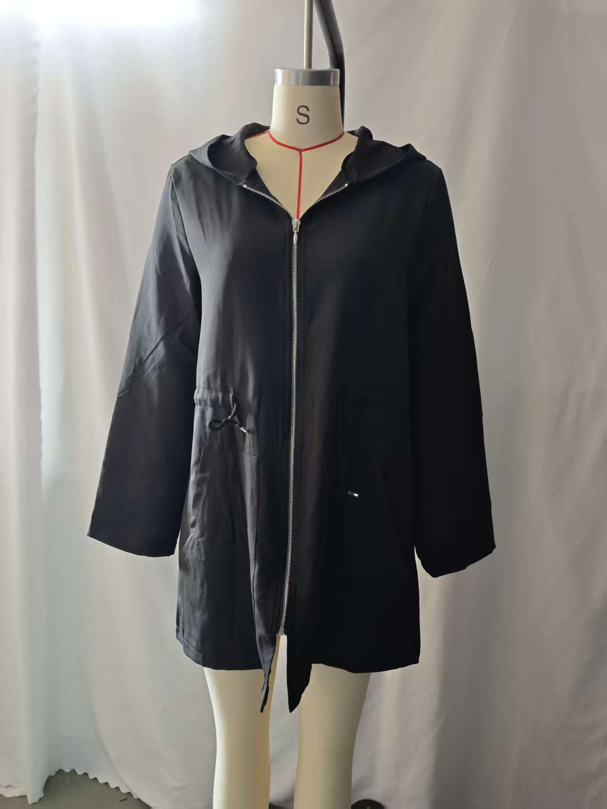 Women's Hooded Drawstring Waist Zip-Up Mid Length Jacket