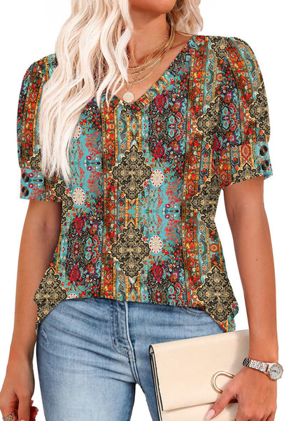 Solid Color V Neck Button Sleeve Puff Top Casual Tee