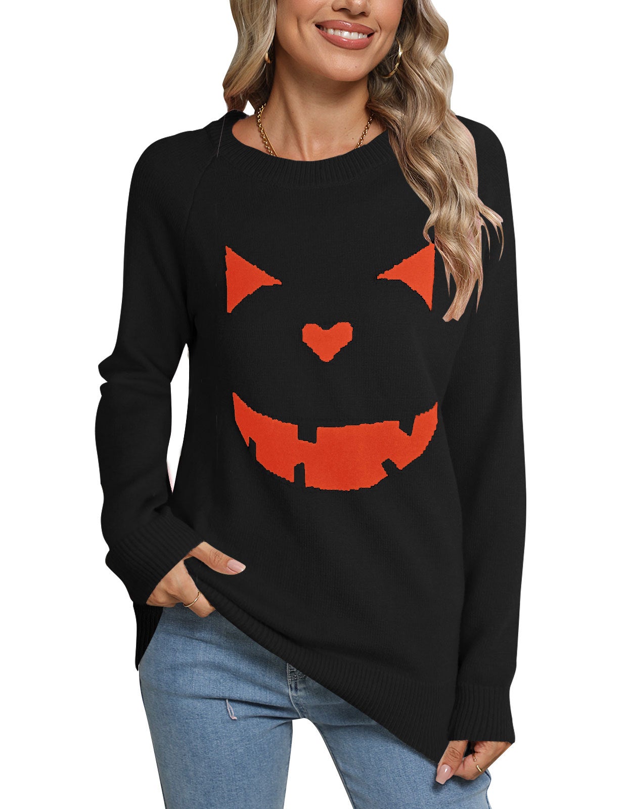 Women's Halloween Pumpkin Crewneck Knit Sweater