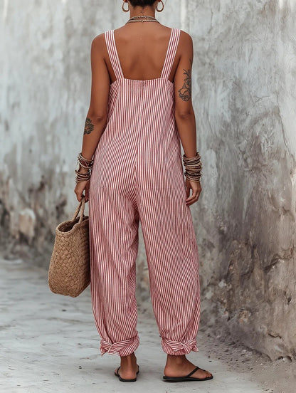 Women Striped Wide Leg Jumpsuit Casual Summer Boho