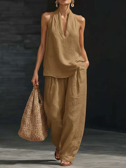 Women's Sleeveless Halter Top Wide Leg Pants Matching Set