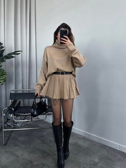Oversized Turtleneck Sweater Skirt Two Piece Set