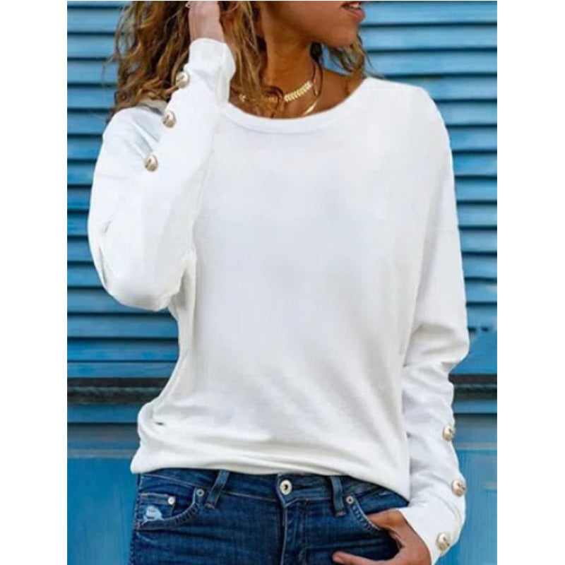 Women's Cotton Long Sleeve Crew Neck Button Detail Top