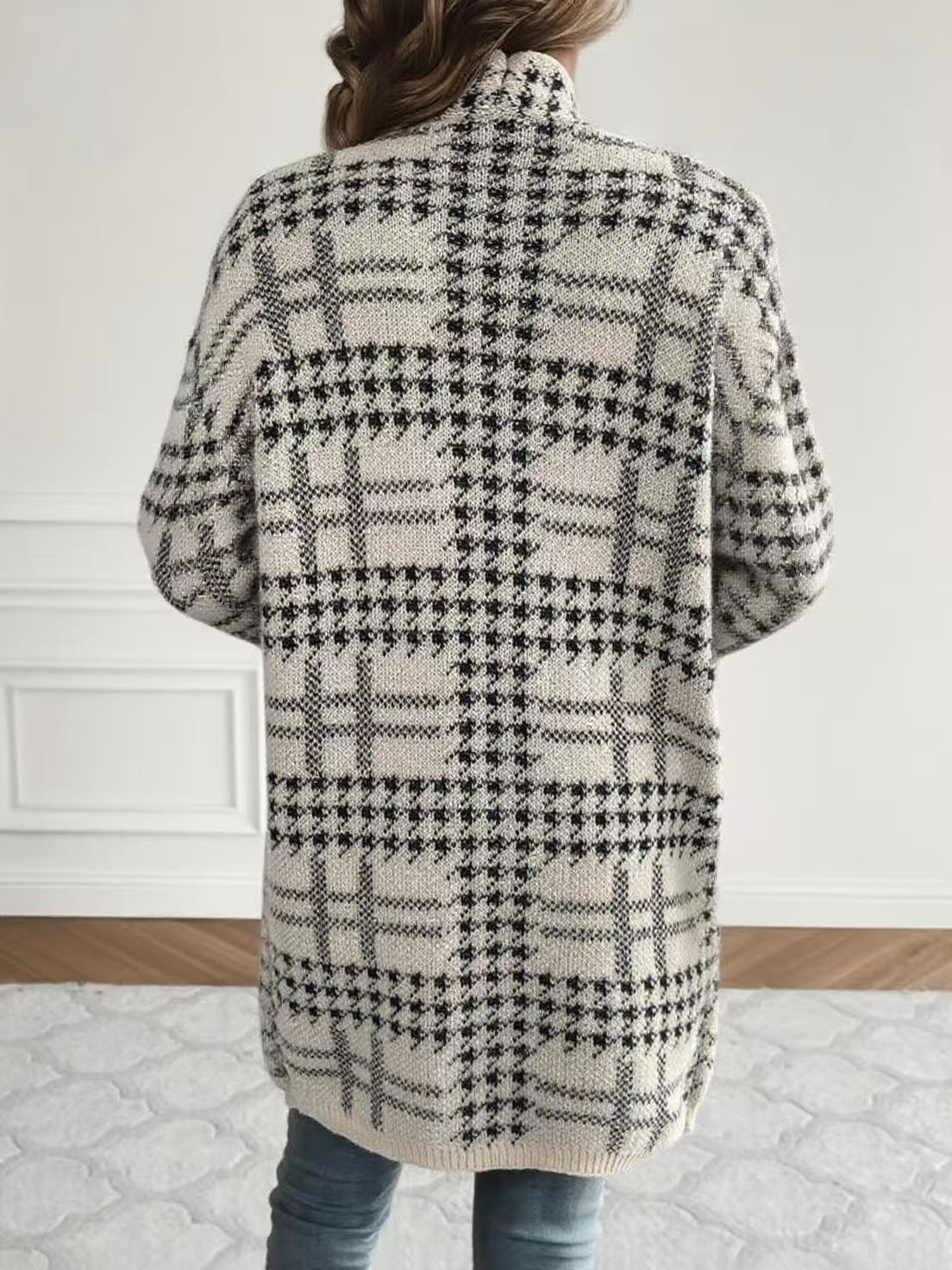 Women's Houndstooth Long Oversized Open Front Cardigan