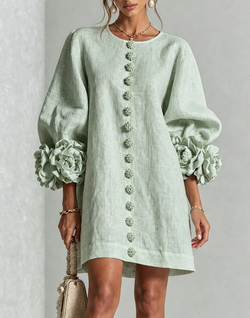 3D Floral Lantern Sleeve Mini Shift Dress