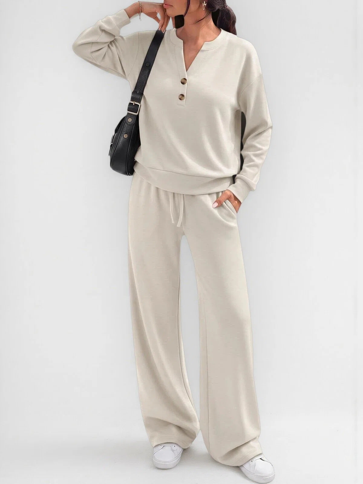 Women's 2 Piece Lounge Set Henley Wide Leg Pants