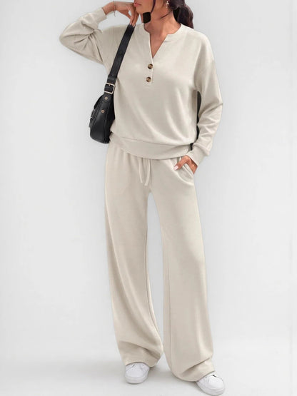 Women's 2 Piece Lounge Set Henley Wide Leg Pants