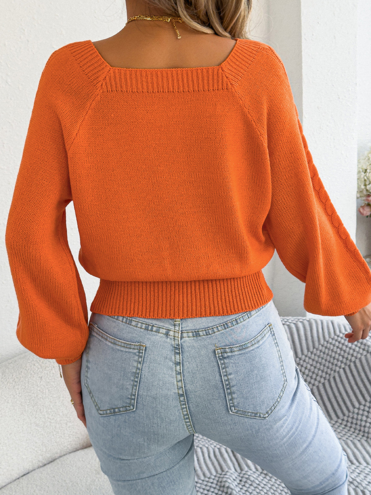 Women's Square Neck Cable Knit Lantern Sleeve Sweater