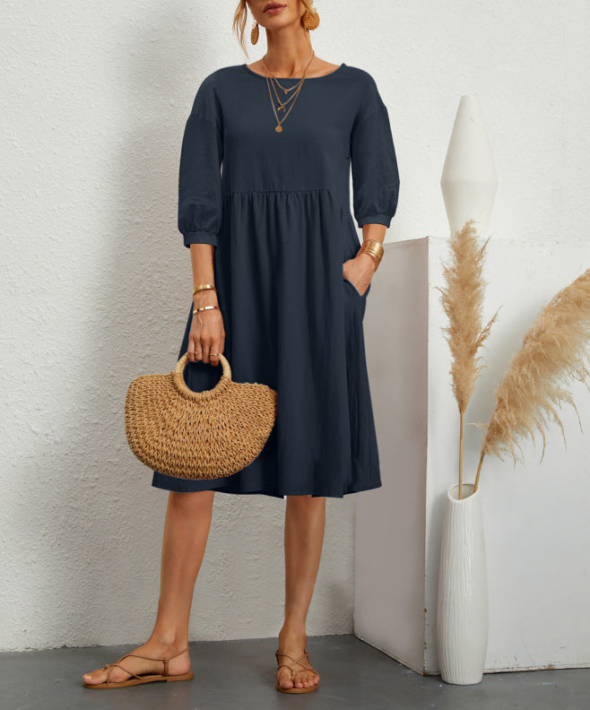 Cotton Linen Balloon Sleeve Midi Dress Pockets