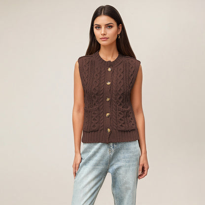 Cable Knit Sweater Vest Button Front Sleeveless Cardigan