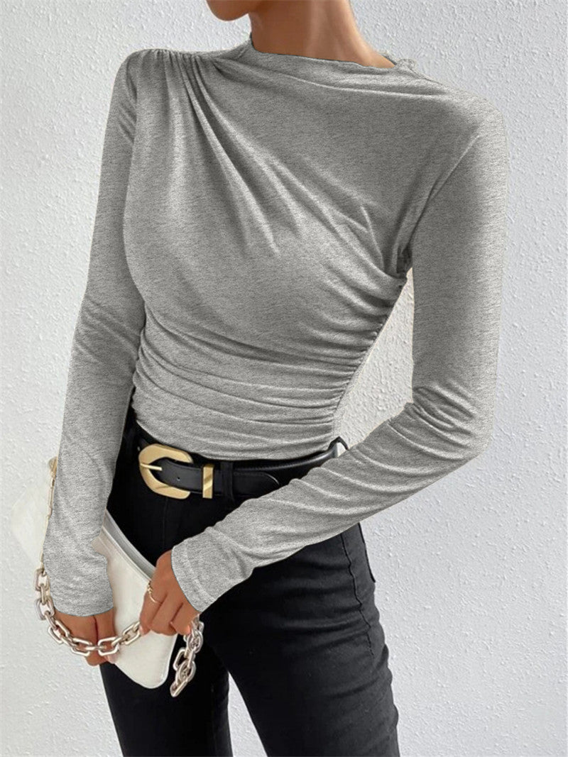 Women's Mock Neck Ruched Long Sleeve Fitted Top