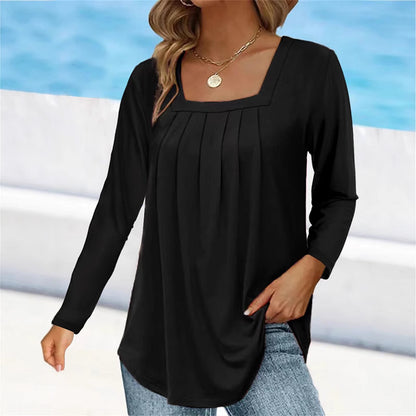 Women's Square Neck Pleated Long Sleeve Tunic Top