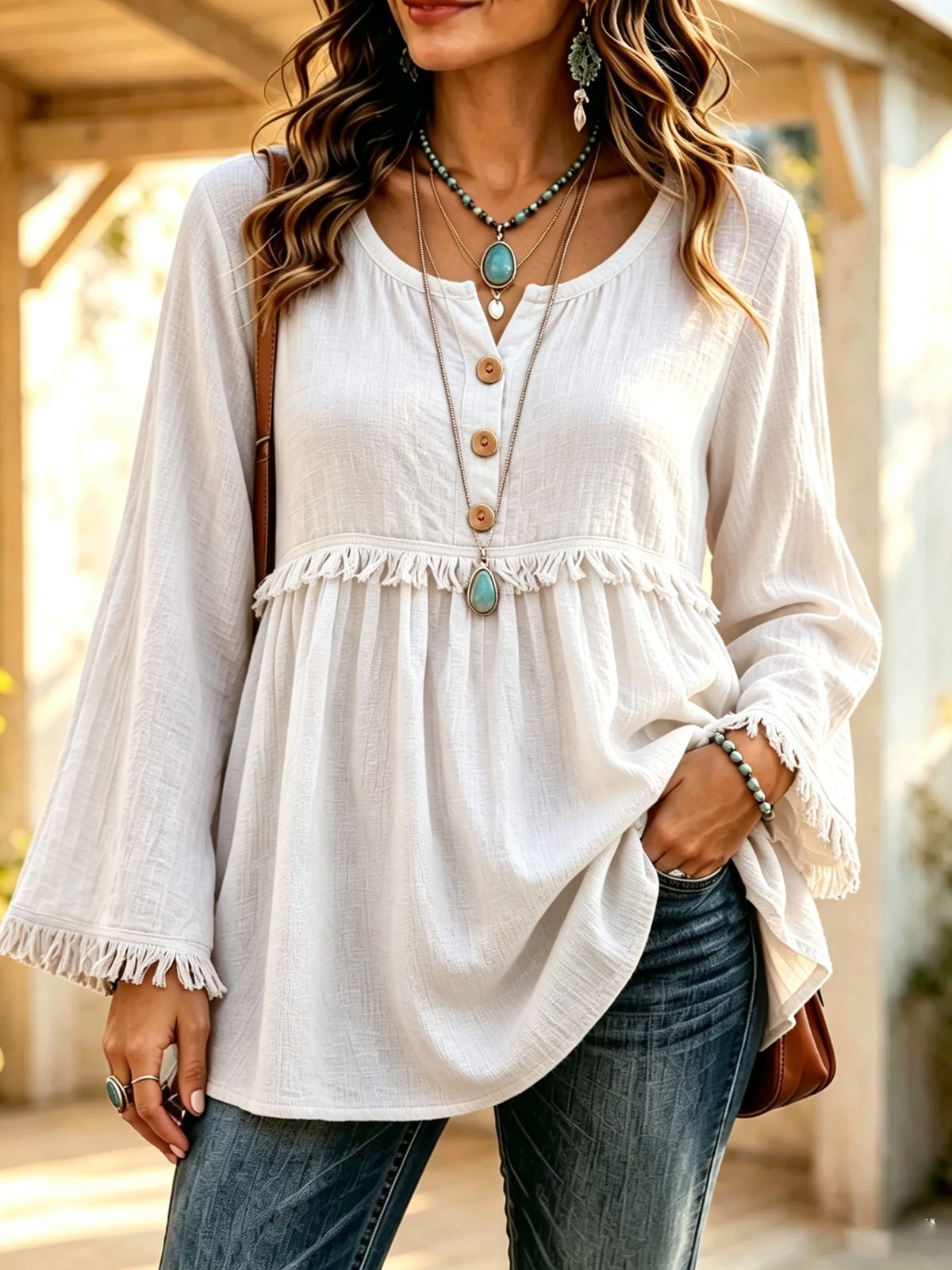 Boho Fringe Button Front Long Sleeve Casual Top
