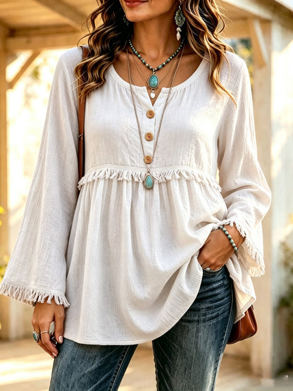 Boho Fringe Button Front Long Sleeve Casual Top