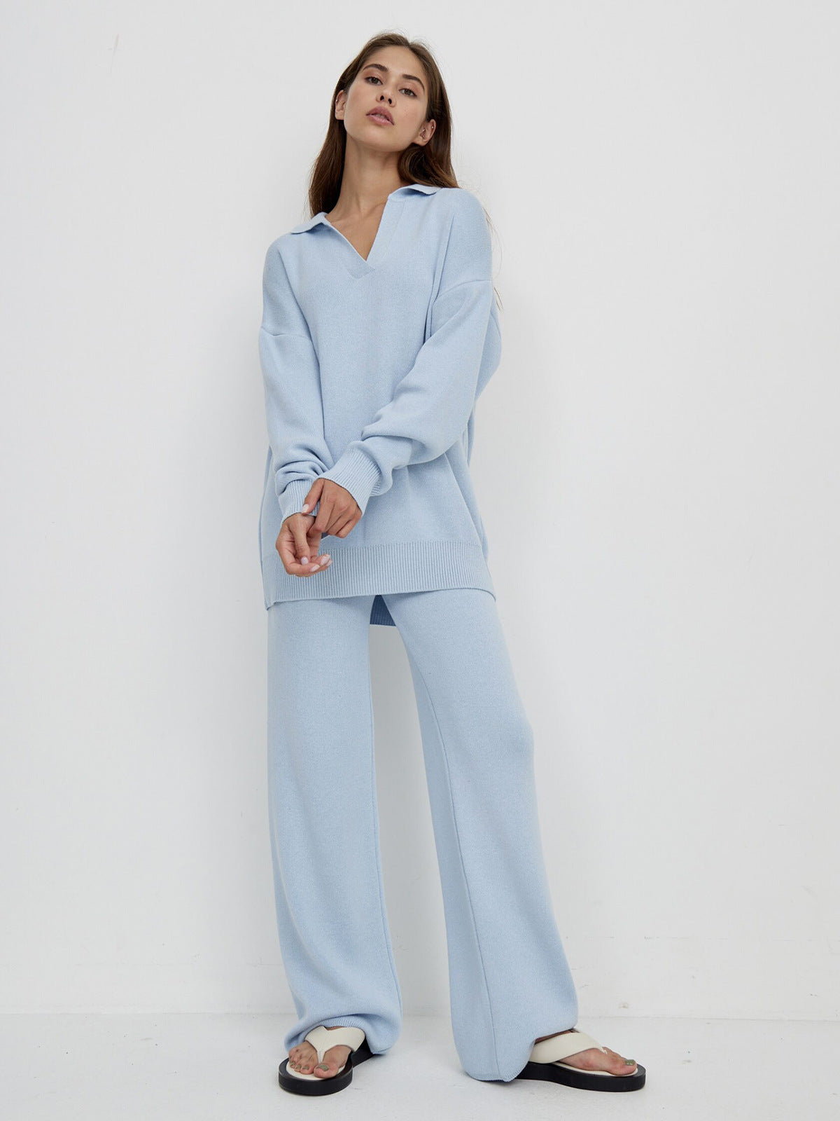 Women's Polo Knit Sweater Set with Wide Leg Pants