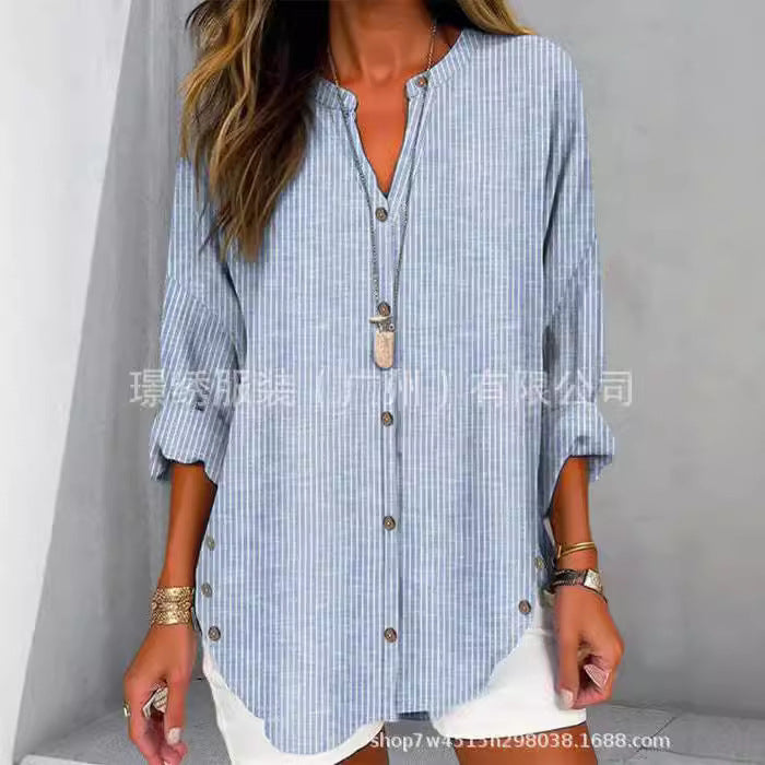 Womens Striped V Neck Button Down Long Sleeve Tunic Top