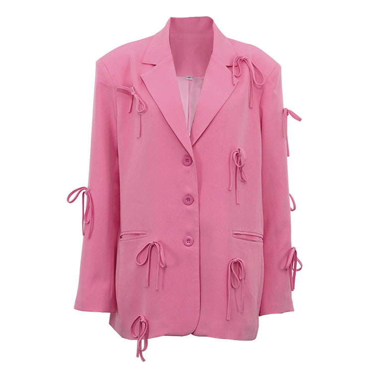 Women's Pink Bow Detail Oversized Casual Blazer