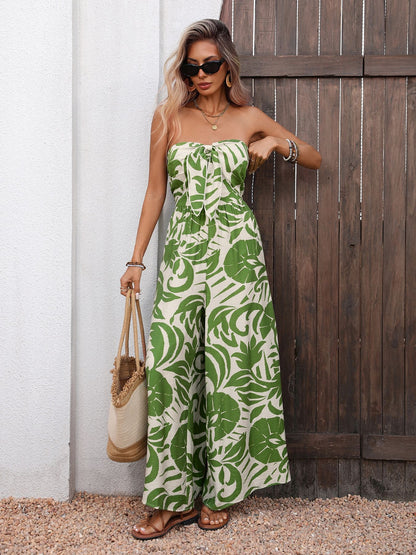 STropical Leaf Print Strapless Wide Leg Resort Jumpsuit