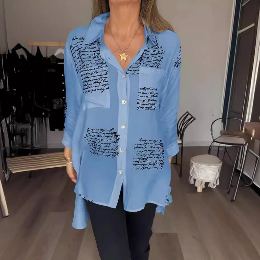 Women's Loose V Neck Letter Print Button Down Shirt