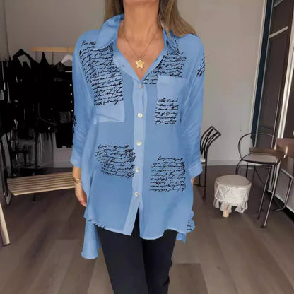 Women's Loose V Neck Letter Print Button Down Shirt