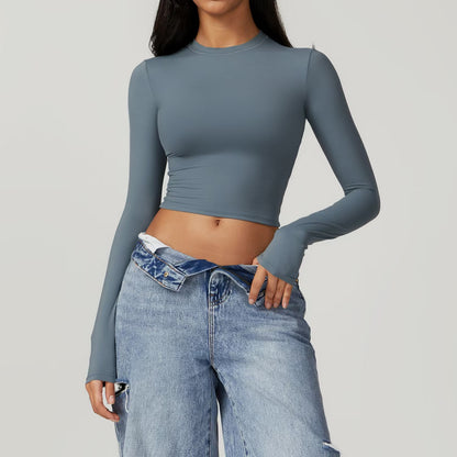 Women's Fitted Long Sleeve Crop Top Athletic Workout Shirt