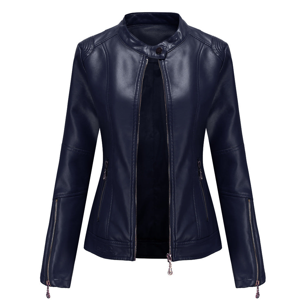 Women's Faux Leather Stand Collar Moto Jacket Zip Up