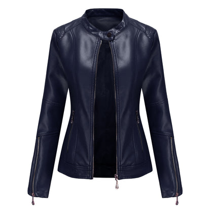 Women's Faux Leather Stand Collar Moto Jacket Zip Up