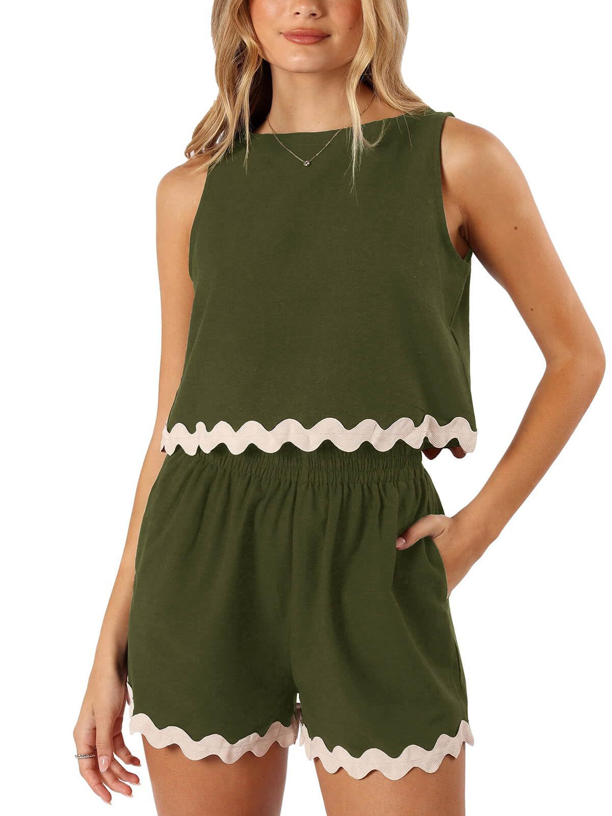 Linen Lace Two-Piece Set - Summer Crew Neck Vest & Shorts