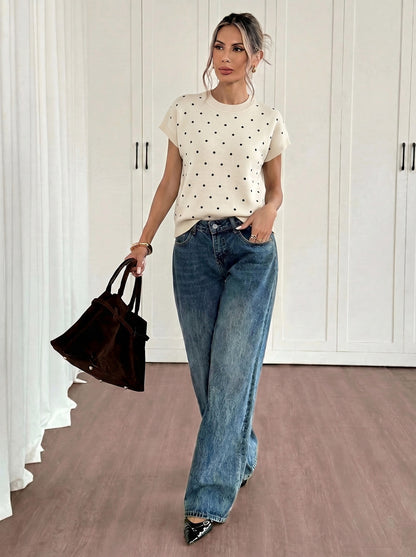 Women's Casual Polka Dot Crew Neck Short Sleeve Knit Top