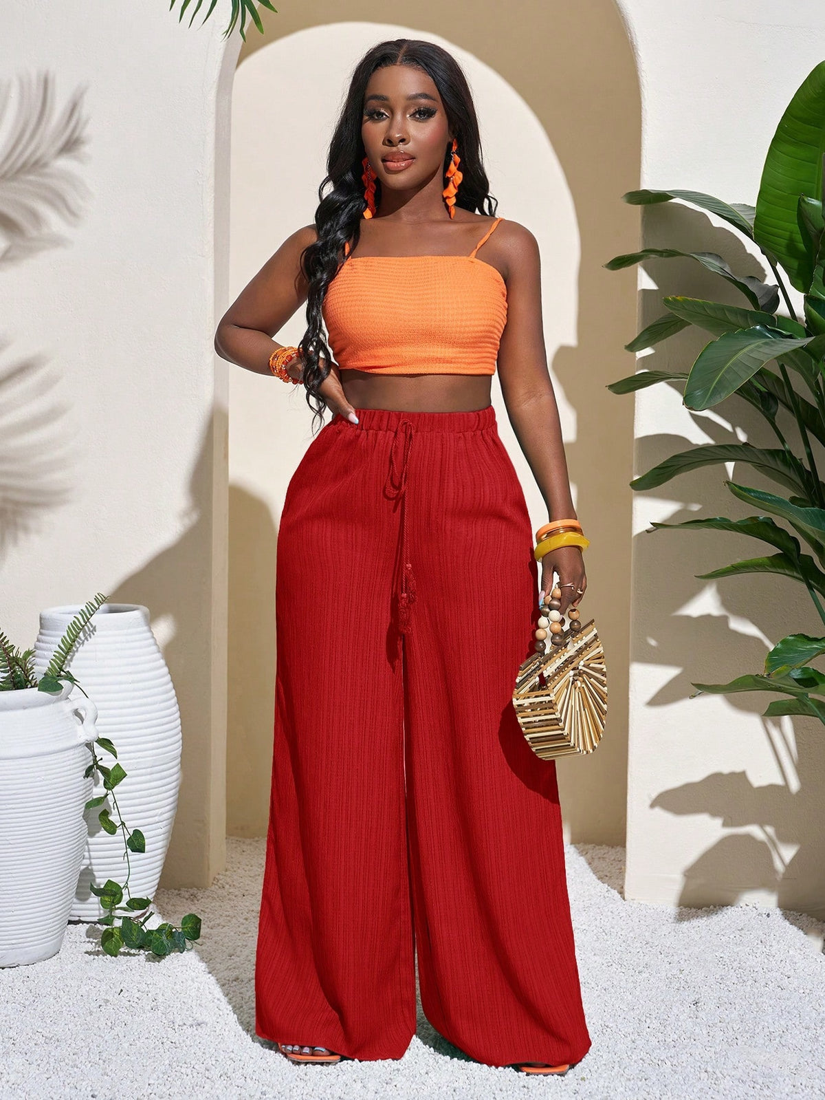 Women's High Waist Drawstring Wide Leg Palazzo Pants