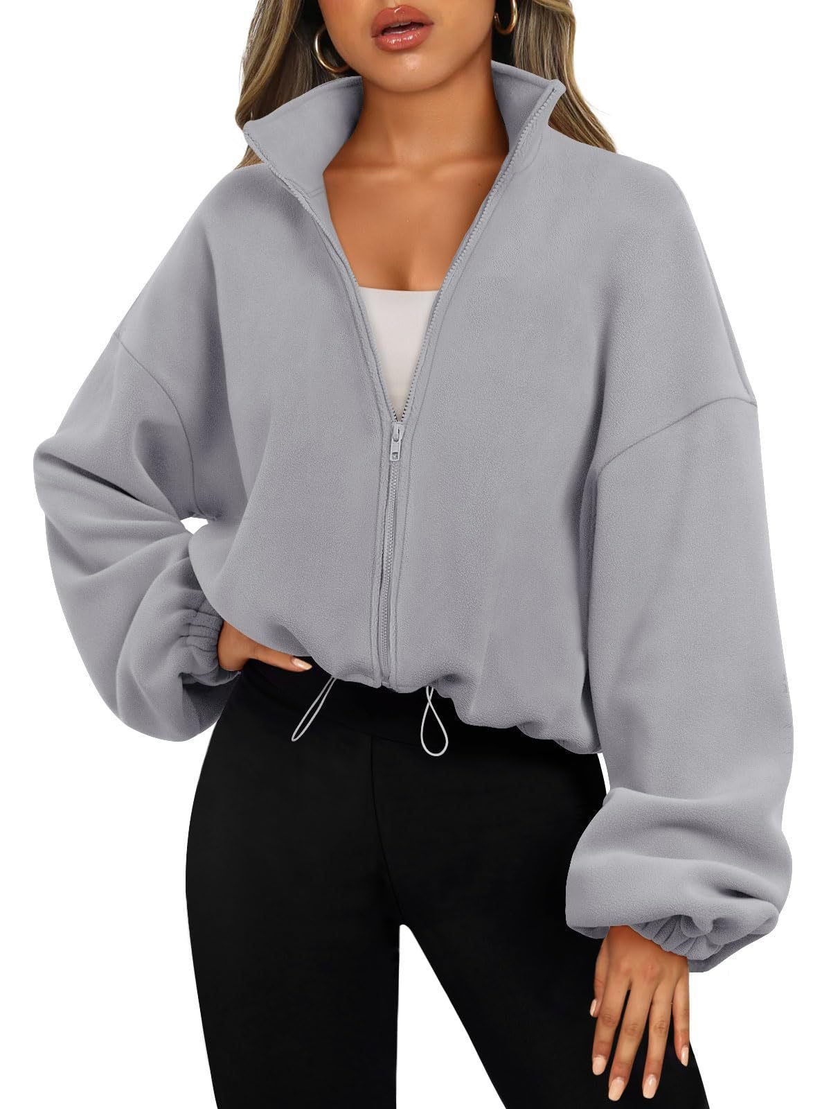 Women's Oversized Stand Collar Zip Up Fleece Jacket