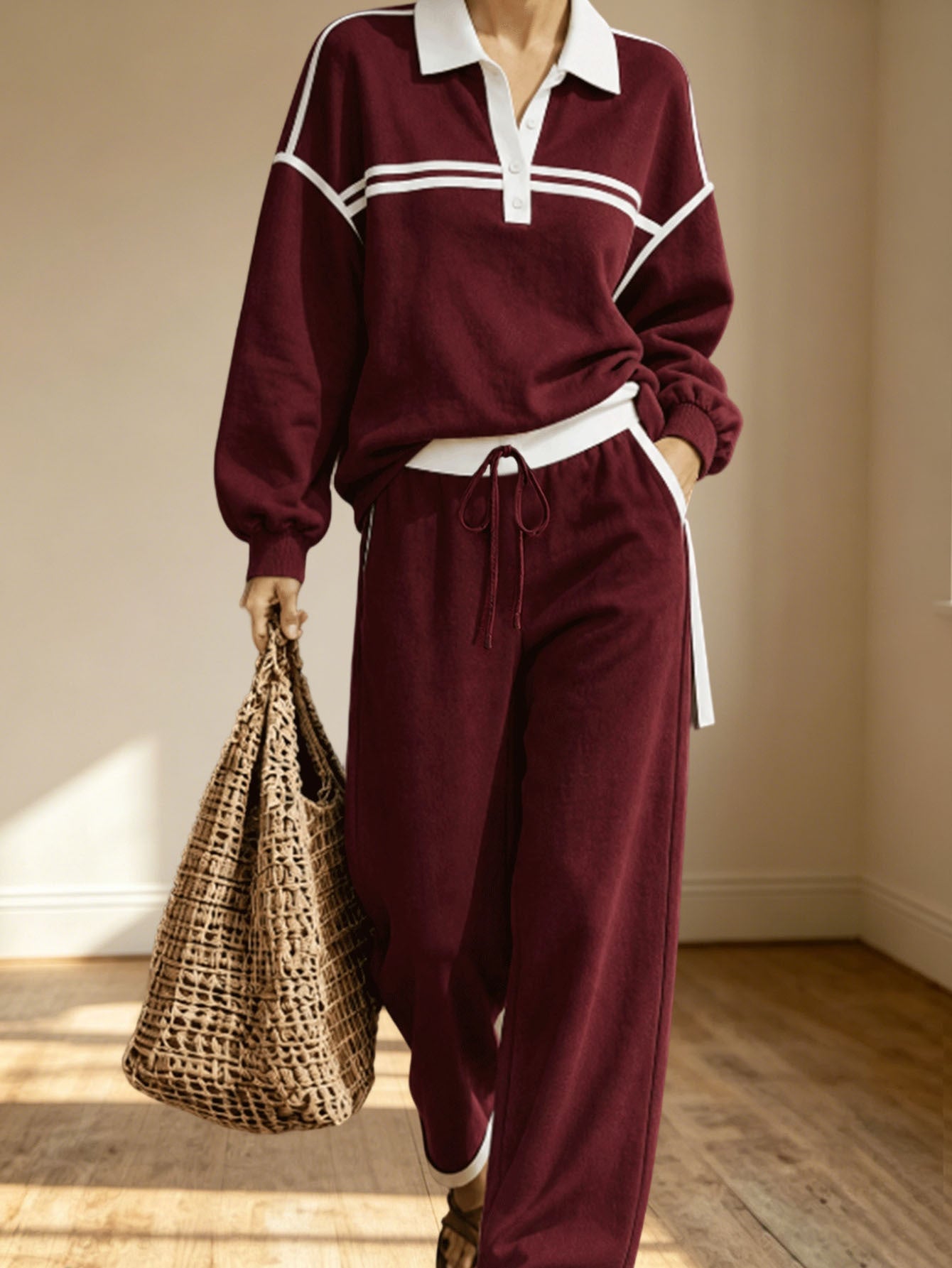 Striped Collared Sweatshirt Wide Leg Pants Matching Set