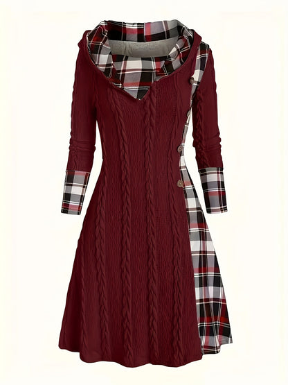 Hooded Cable Knit Sweater Dress Plaid Contrast Midi