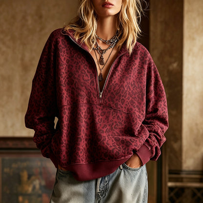 Leopard Print Half Zip Oversized Pullover Sweatshirt