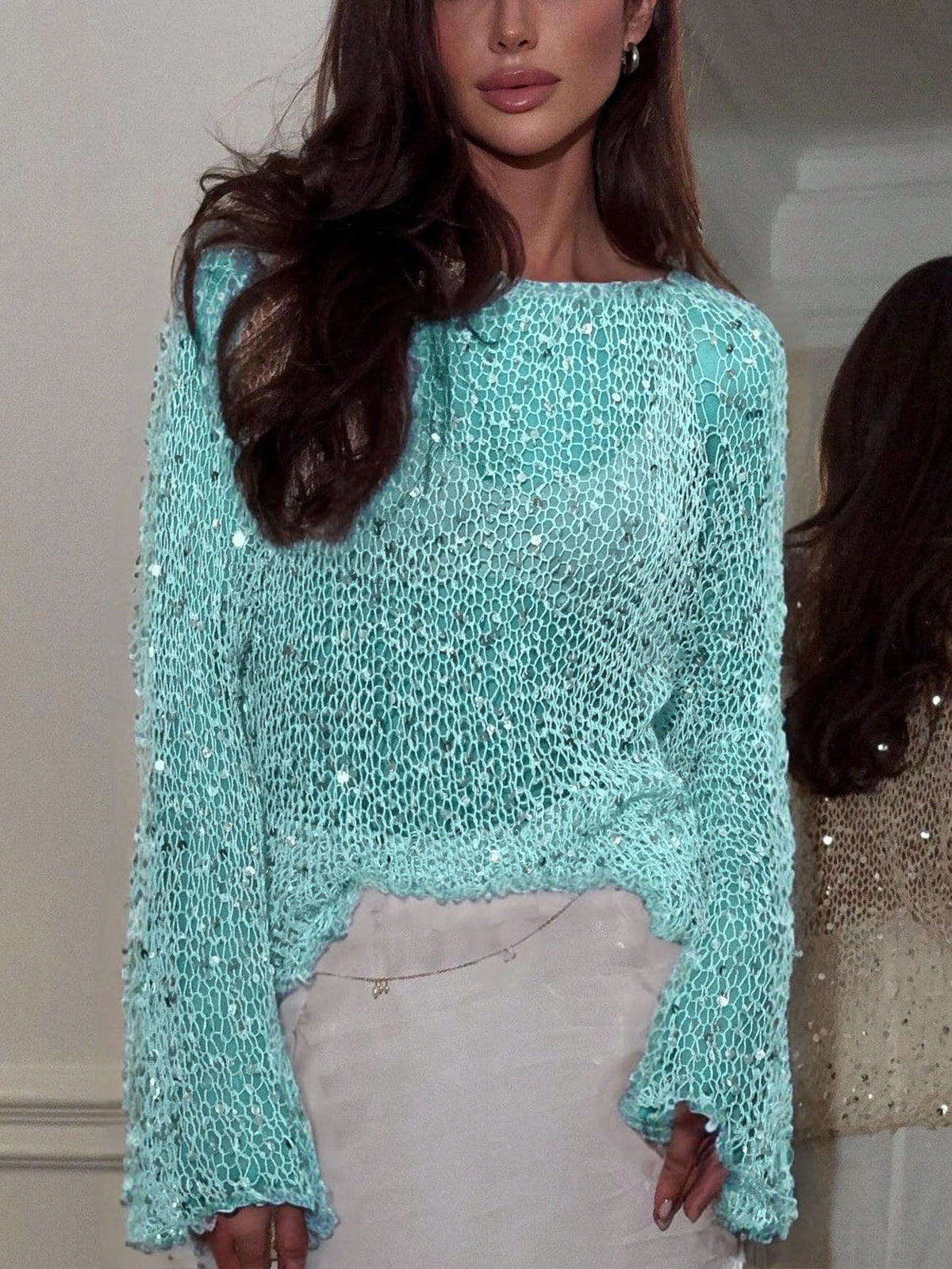 Women's Sequin Sheer Mesh Oversized Sweater Top