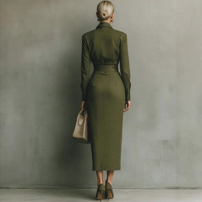 Long Sleeve Collared Midi Bodycon Dress Women Fall