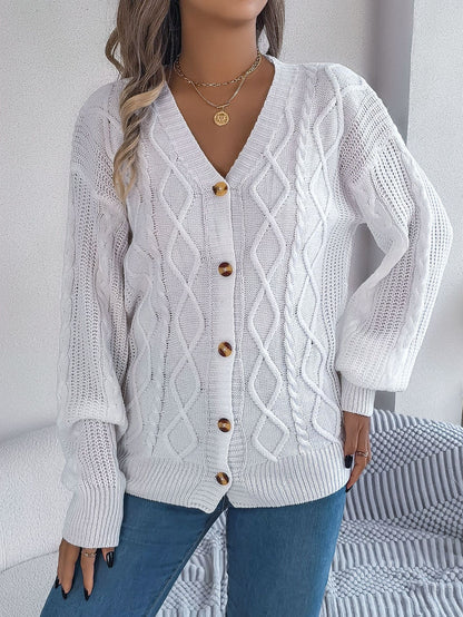 Fall Winter Cable Knit V Neck Lantern Sleeve Cardigan