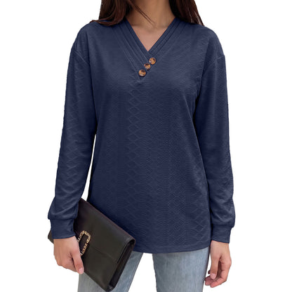 Women's Casual V-Neck Button Long Sleeve Loose Tunic Top