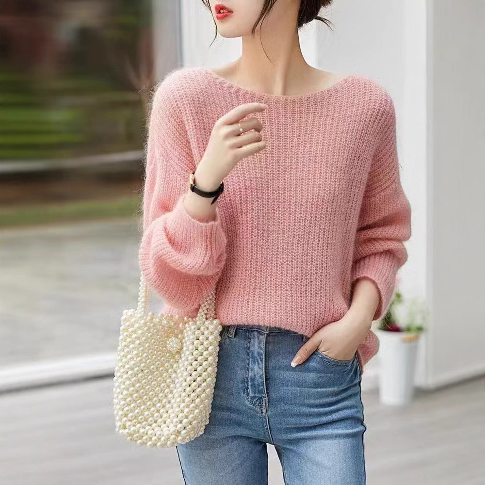 Womens Fuzzy Oversized Sheer Sweater Boat Neck White