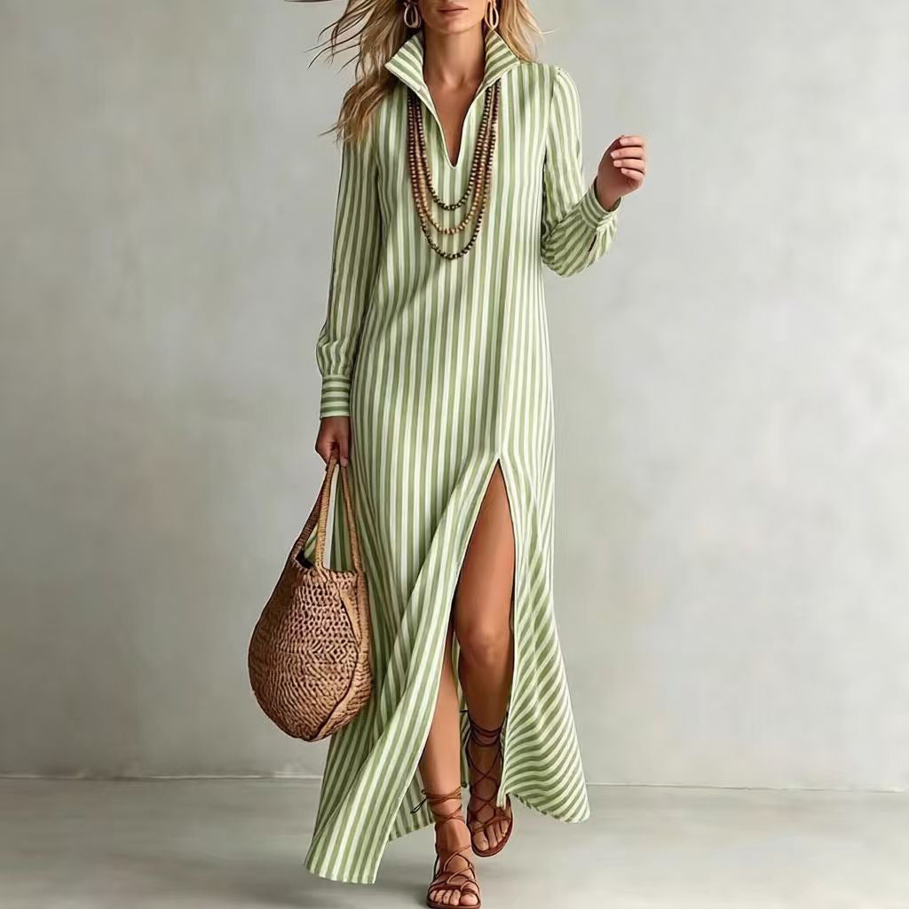 Women's Striped Collared Maxi Dress Long Sleeve Side Slit