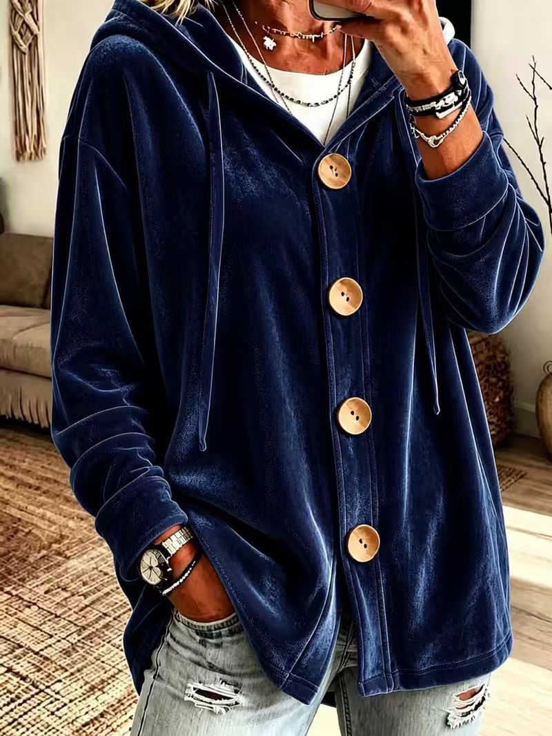 Women's Oversized Velvet Hoodie Cardigan Button Front