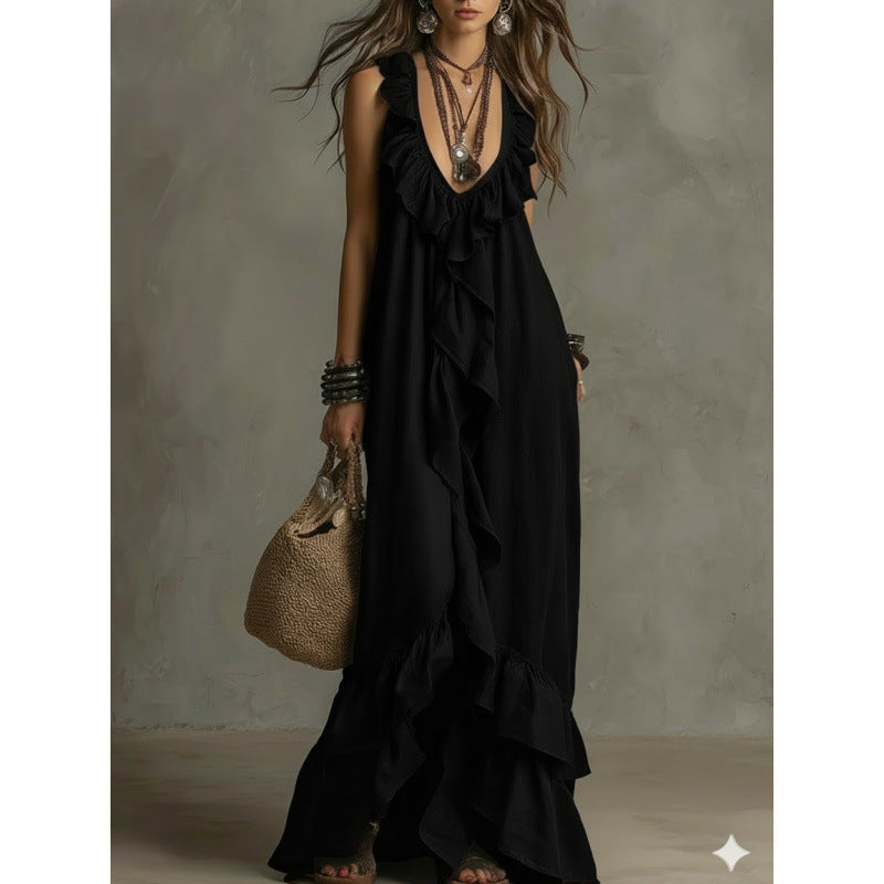 Women's Boho Ruffle V-Neck Sleeveless Maxi Dress