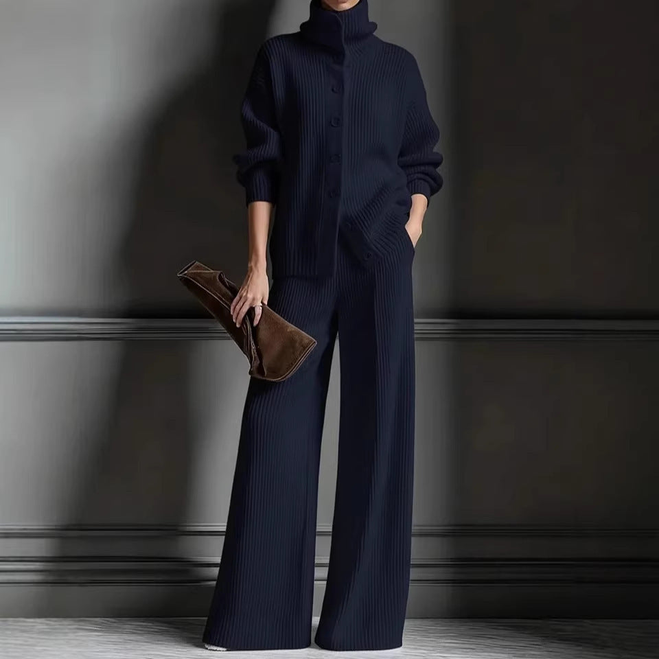 Women's Knit Turtleneck Cardigan Wide Leg Pants Set