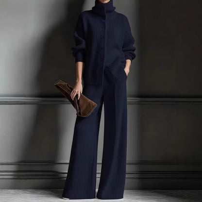 Women's Knit Turtleneck Cardigan Wide Leg Pants Set